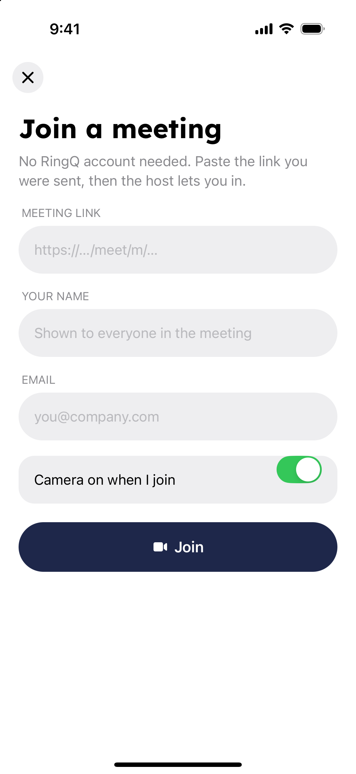 Join a meeting as a guest form in the RingQ app