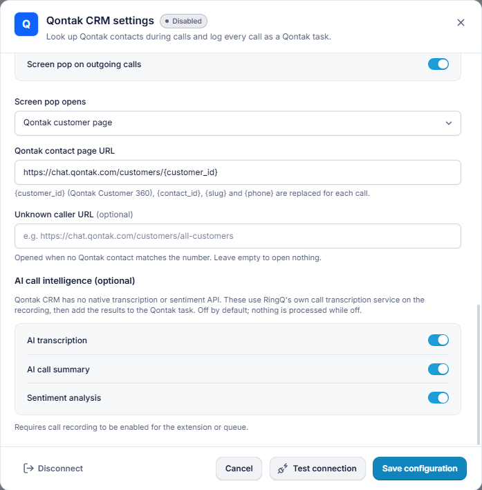 RingQ Qontak settings: screen pop target and Qontak page URLs, AI call intelligence