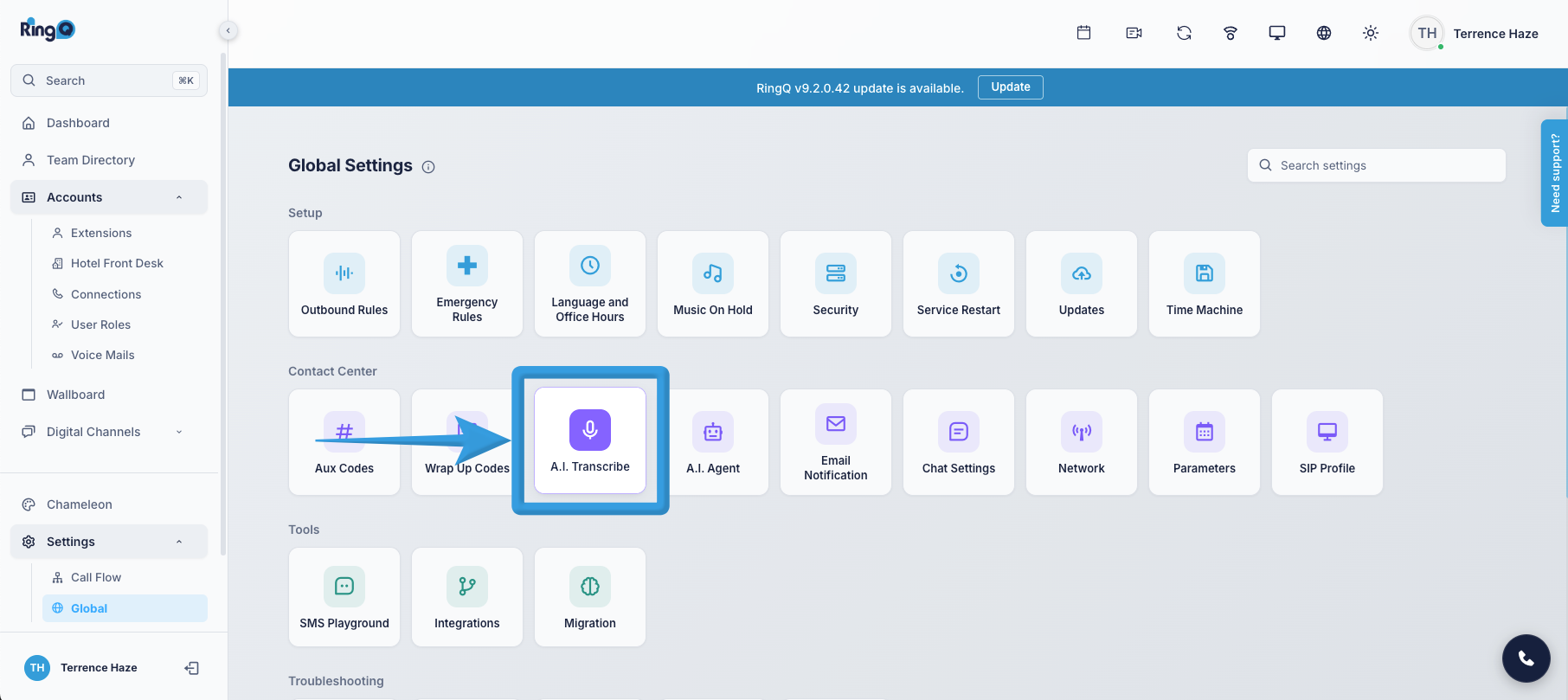 Enable AI Transcription: Log in to your RingQ web app and go to Settings > Global