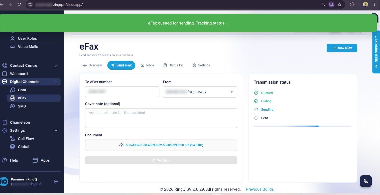 Send eFax form while sending