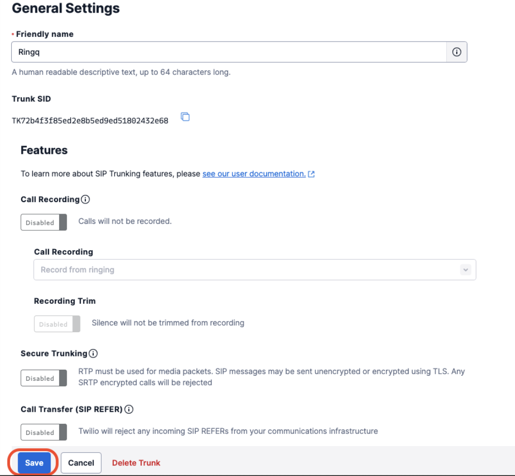 Create new trunk in Twilio.