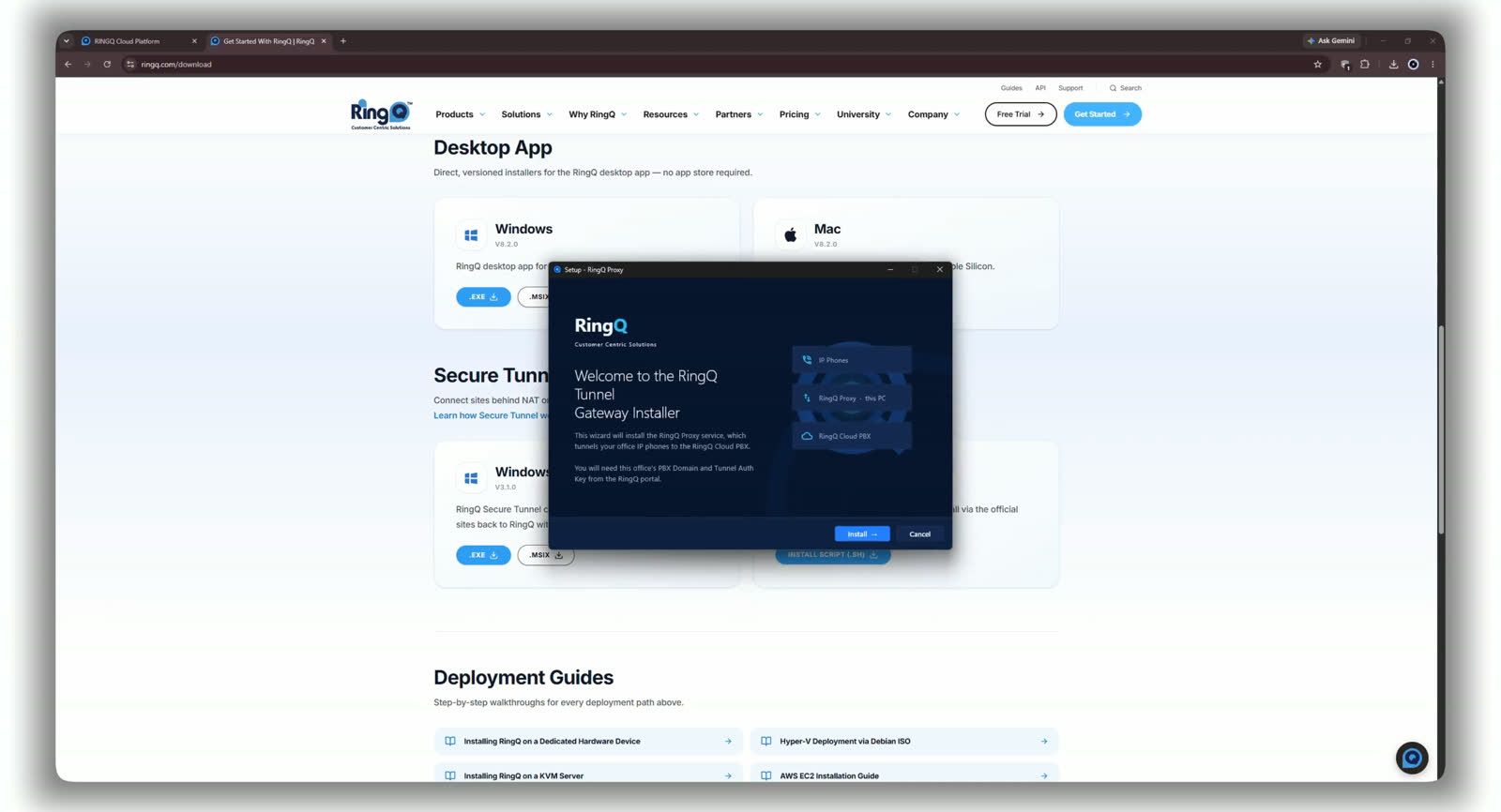 Welcome to the RingQ Tunnel Gateway Installer — click Install to continue.