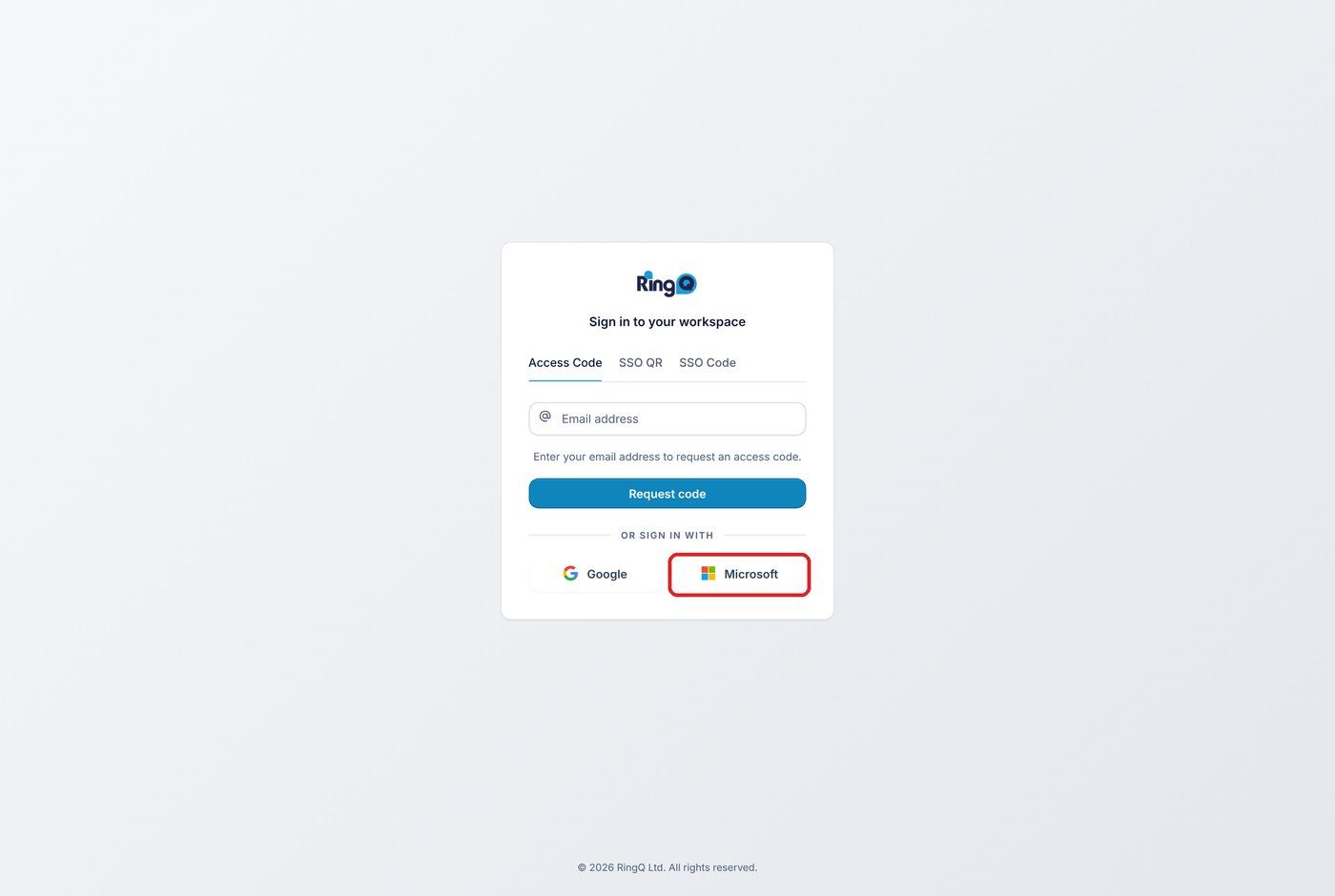 RingQ login page, Microsoft button