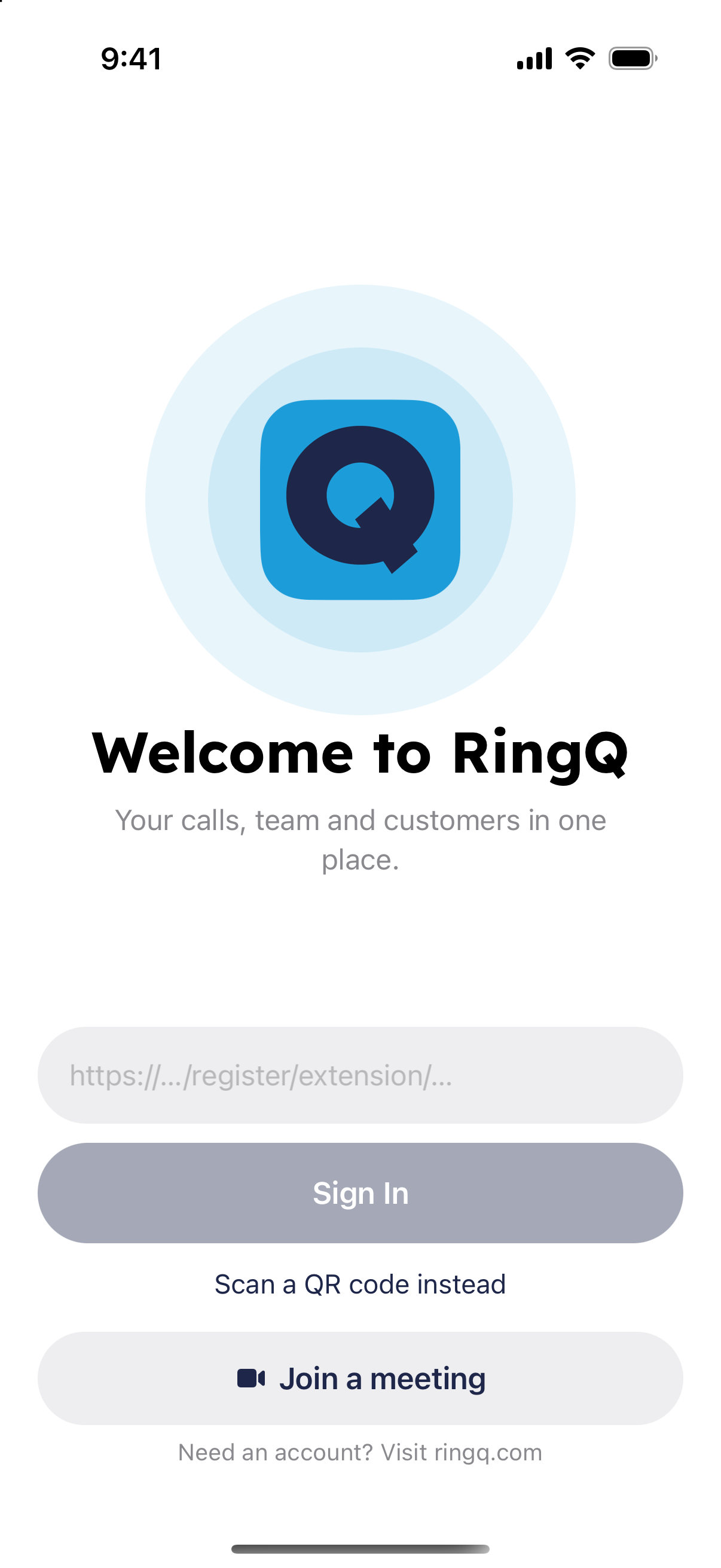 Paste a sign-in link screen in the RingQ mobile app