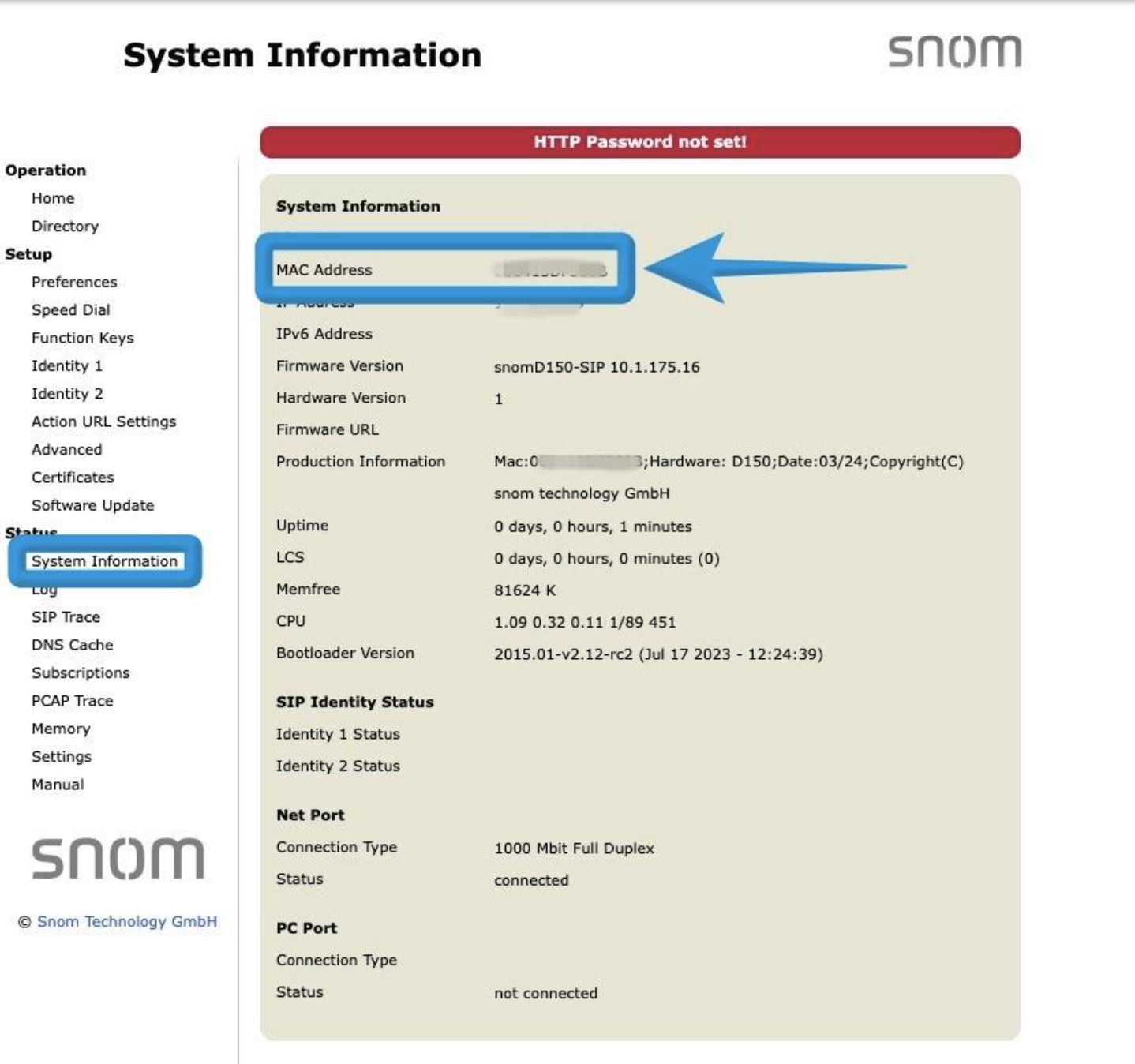 Obtain your Snom D150 MAC address