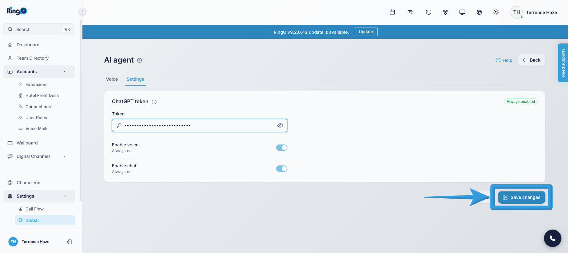 RingQ SI Agent configuration: Paste the copied OpenAI API key