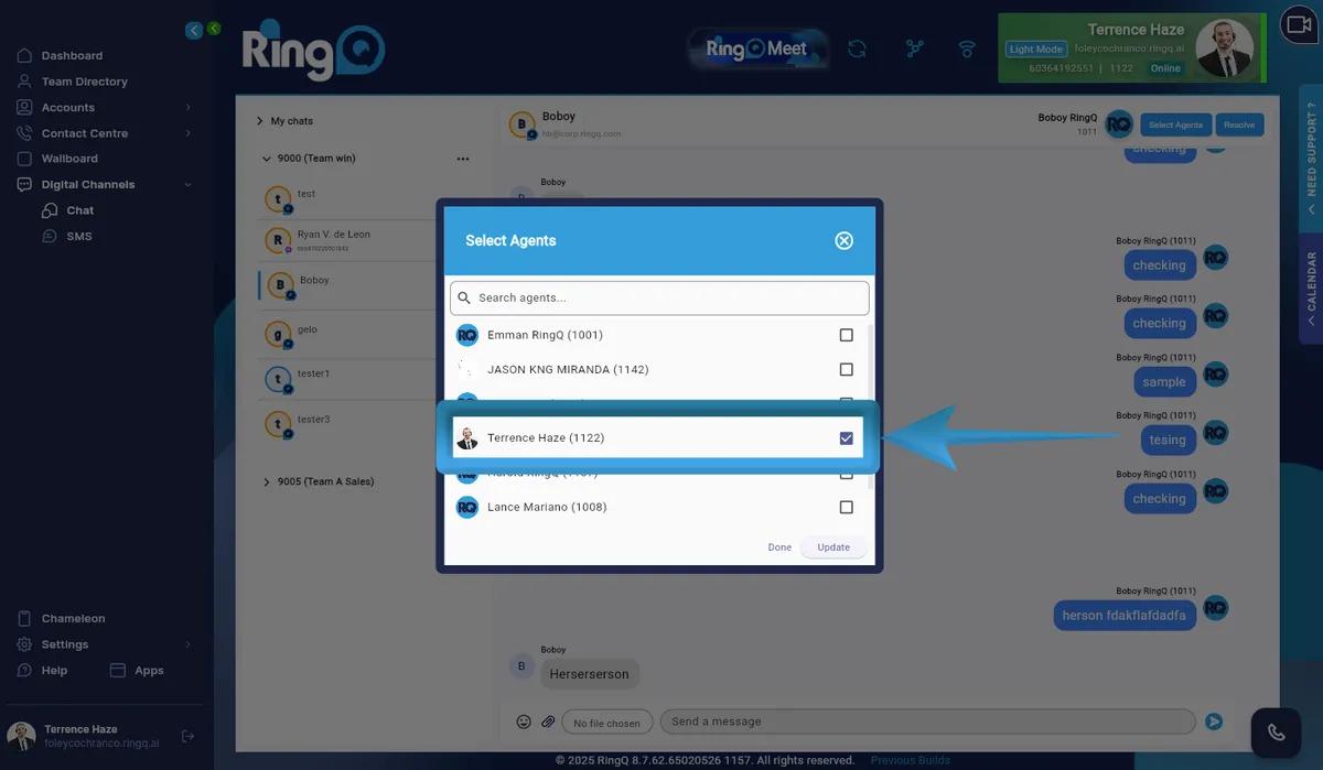 Select an agent to assign the chat