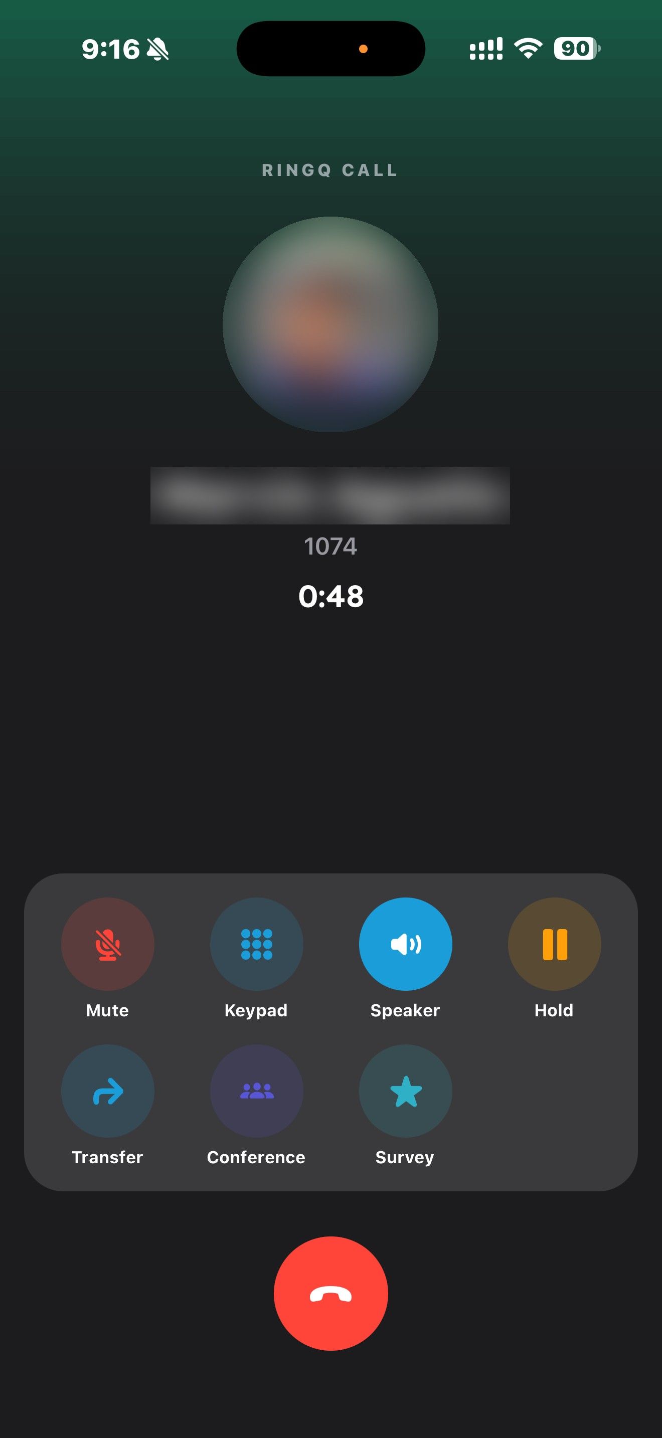 RingQ iPhone call screen with the speaker turned on