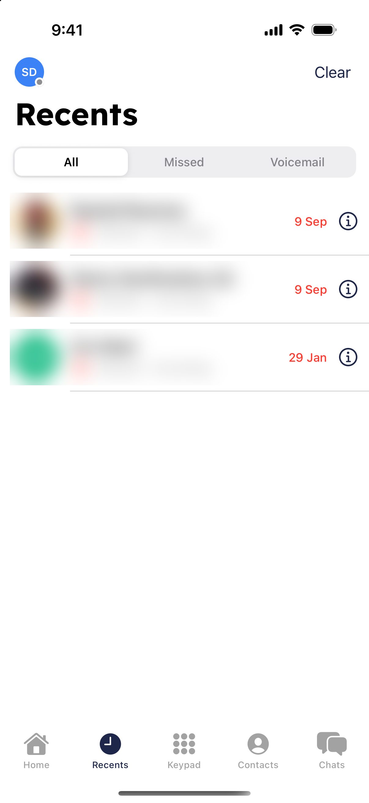 Recents tab in the RingQ app listing recent calls
