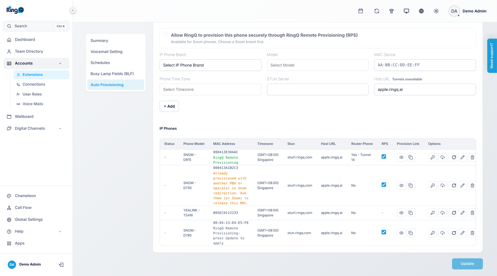 Where RPS lives: Accounts > Extensions > open an extension > Overview > Auto Provisioning. The phones shown are sample data.