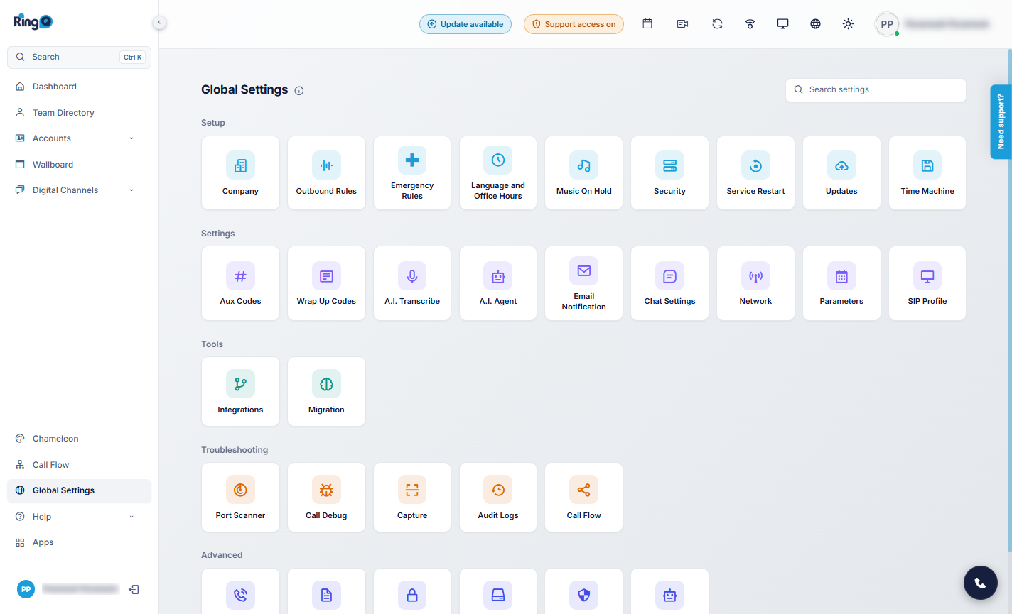 RingQ Global Settings with the Integrations tile under Tools