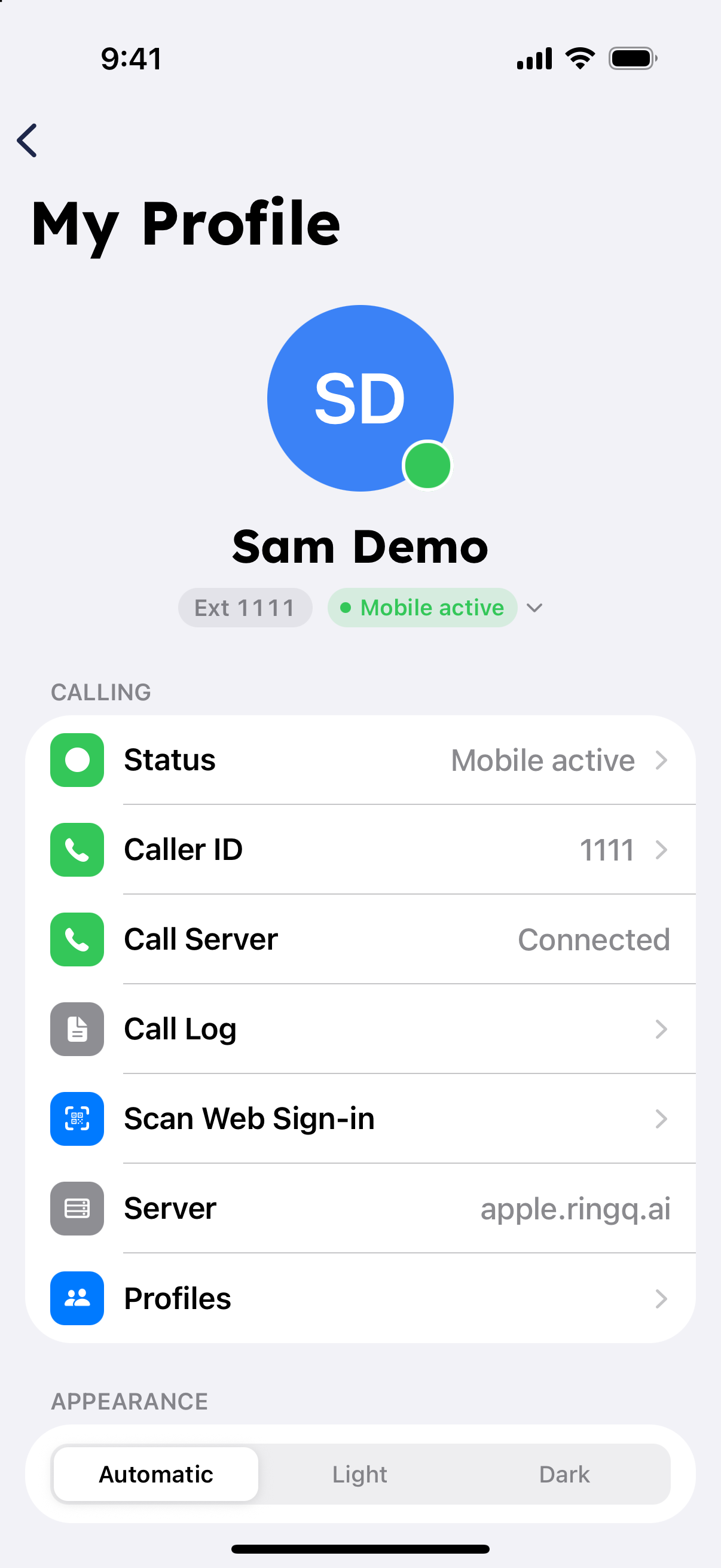 My Profile screen in the RingQ mobile app