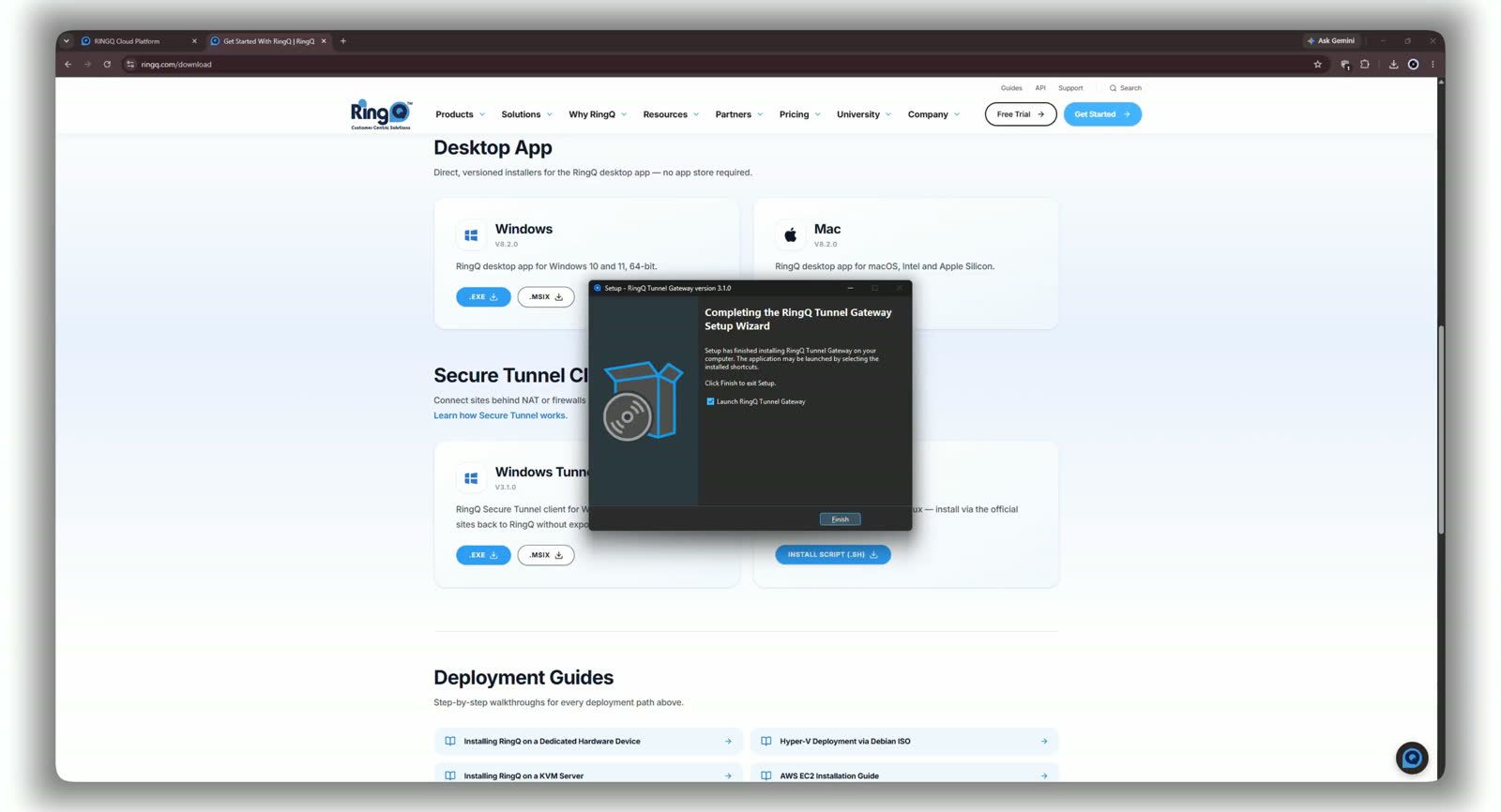 Completing the Setup Wizard — launches RingQ Tunnel Gateway on Finish.