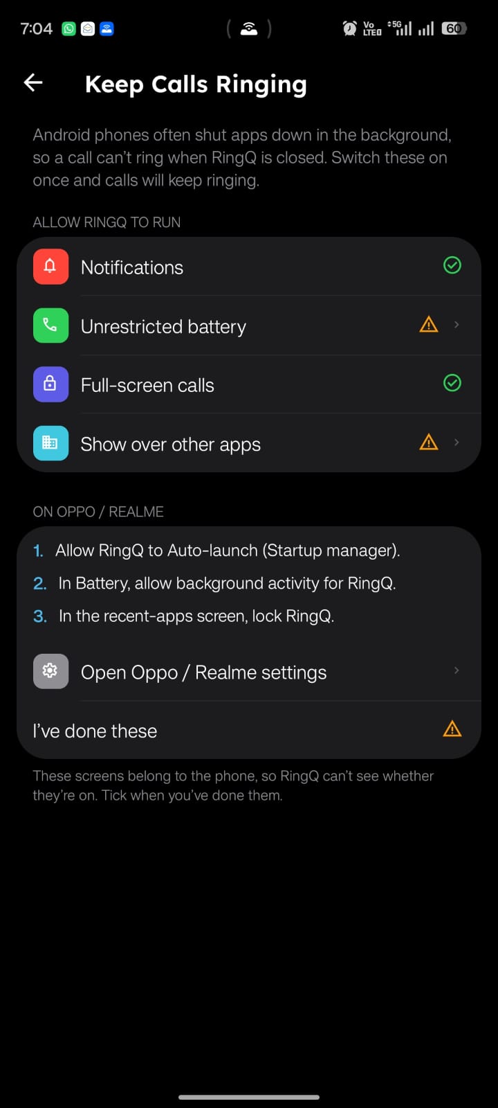 Keep Calls Ringing settings showing Needs setup on Android