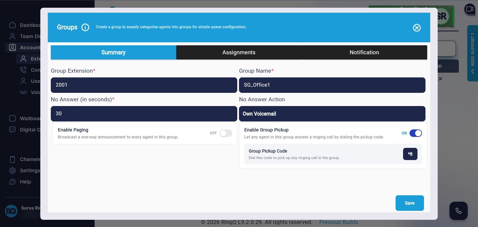 Summary tab with Enable Group Pickup turned on