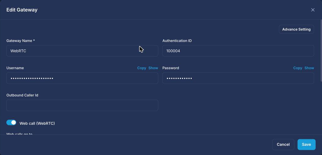 RingQ Edit Gateway dialog for the WebRTC gateway with gateway name, authentication ID and the Web call (WebRTC) switch