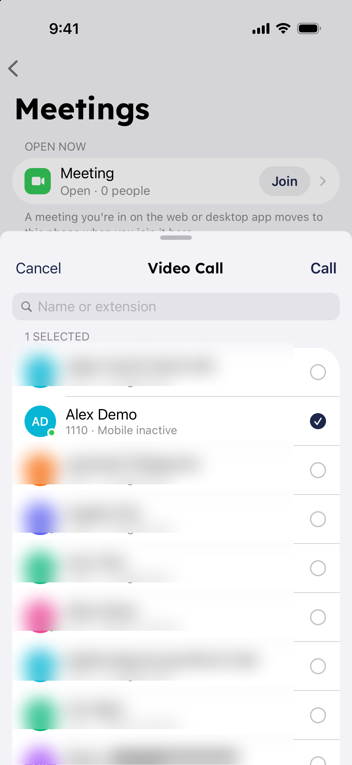 Video call colleagues picker in the RingQ app