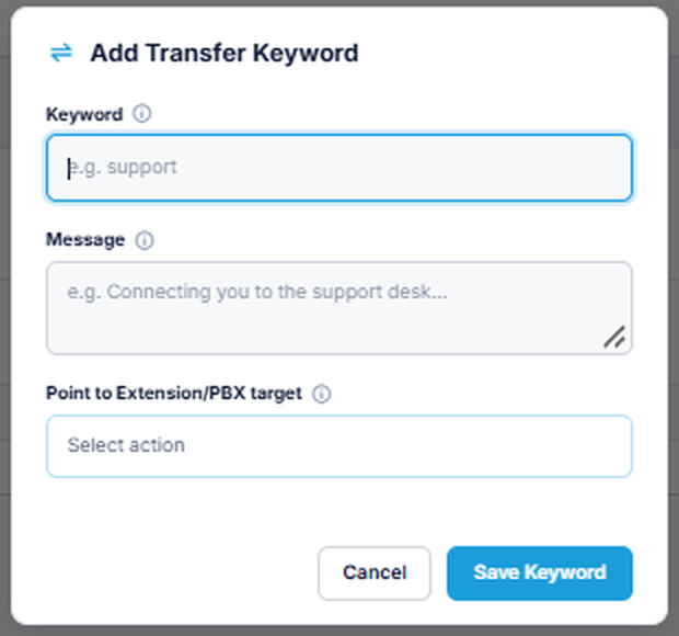 Add Transfer Keyword window