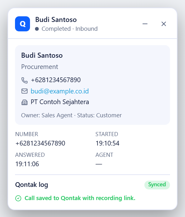 RingQ call popup after a call, saved to Qontak with recording link