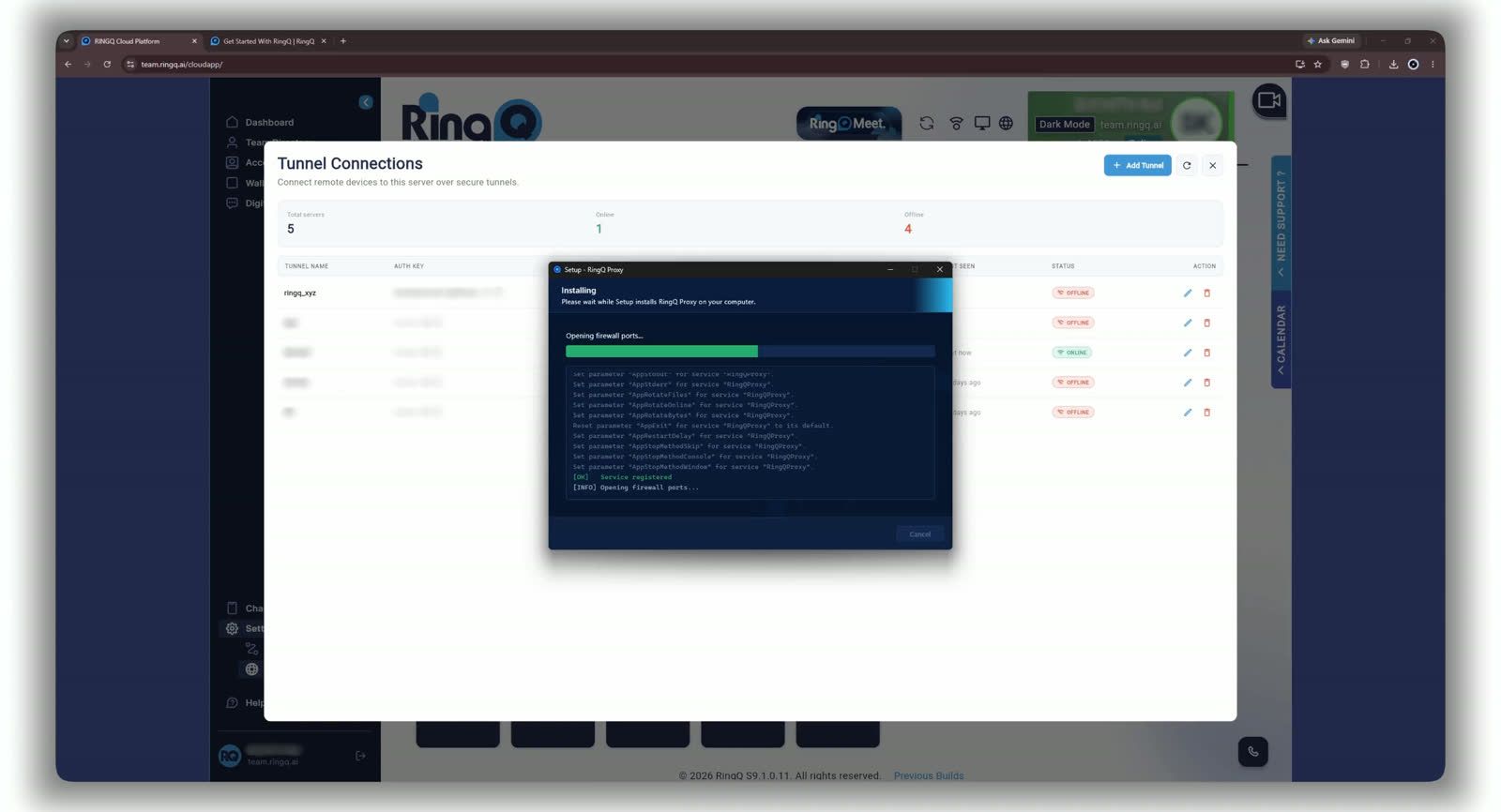 Installing — registering the RingQProxy service and opening firewall ports.