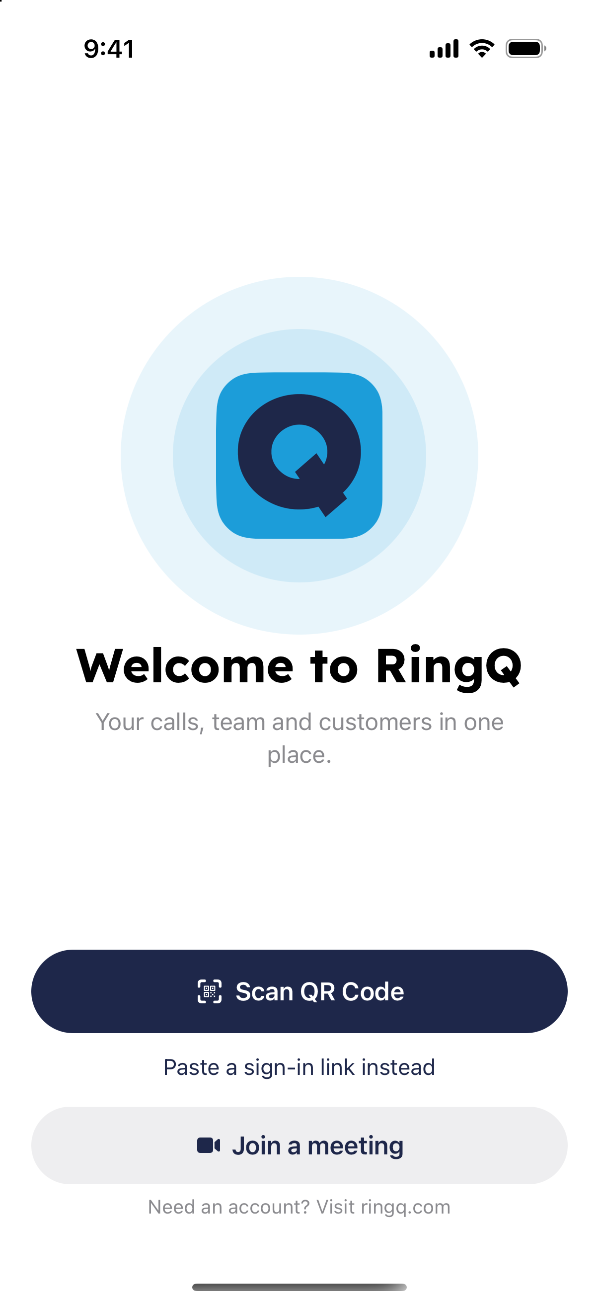 RingQ mobile app welcome screen with the Scan QR Code button