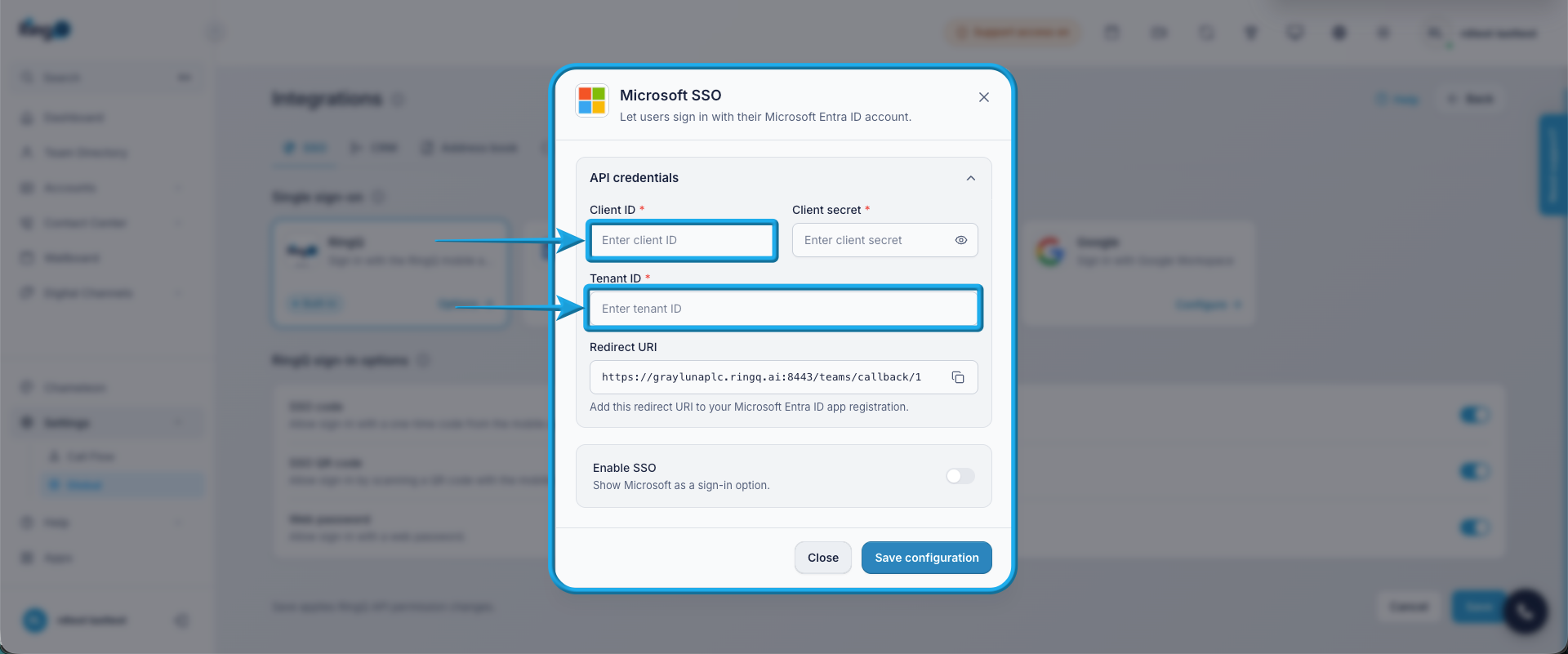 Update the Microsoft Configuration: Paste the copied Client ID and Tenant ID into their respective fields