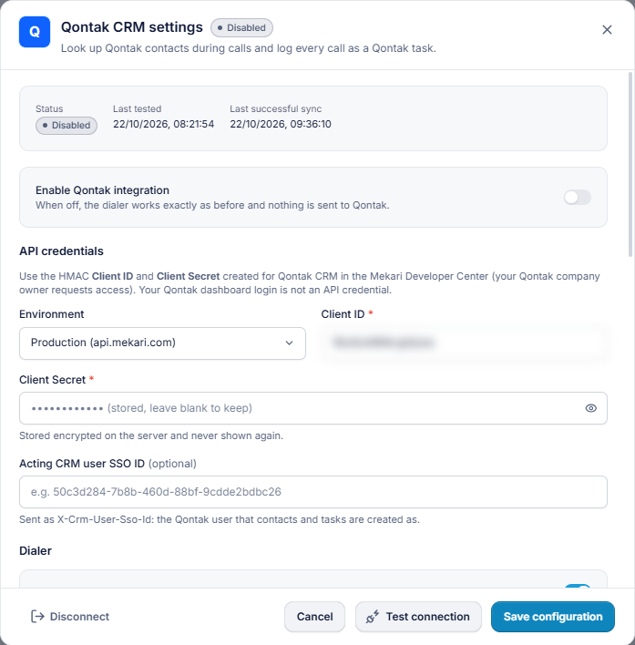 RingQ Qontak CRM settings: status, Enable switch, Environment, Client ID (blurred), Client Secret (stored), Acting CRM user SSO ID