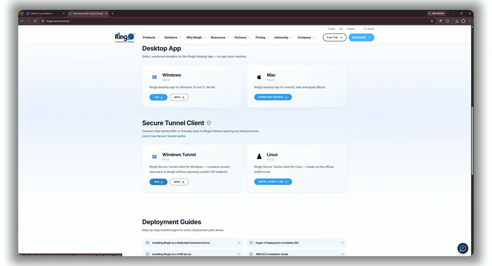 Download page — Secure Tunnel Client section, Windows Tunnel .EXE installer.