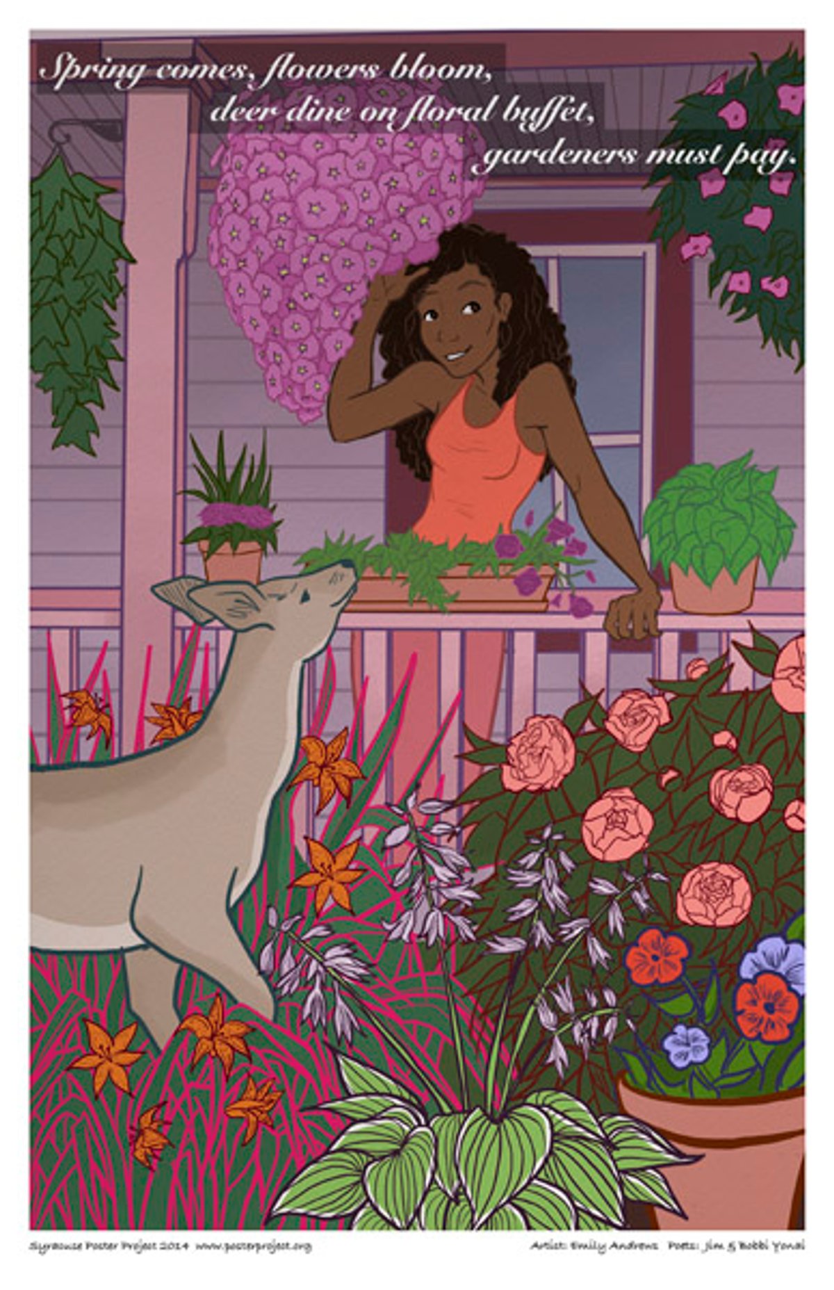 A woman stands on a porch surrounded by blooming plants and flowers and an approaching deer 
