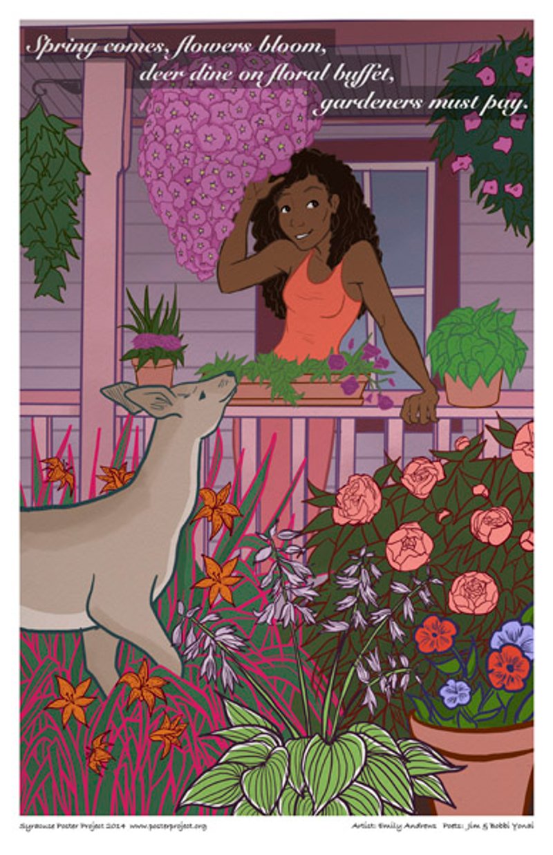 A woman stands on a porch surrounded by blooming plants and flowers and an approaching deer 