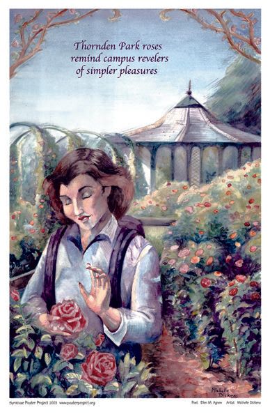 A young woman with a backpack admires flowers in a rose garden