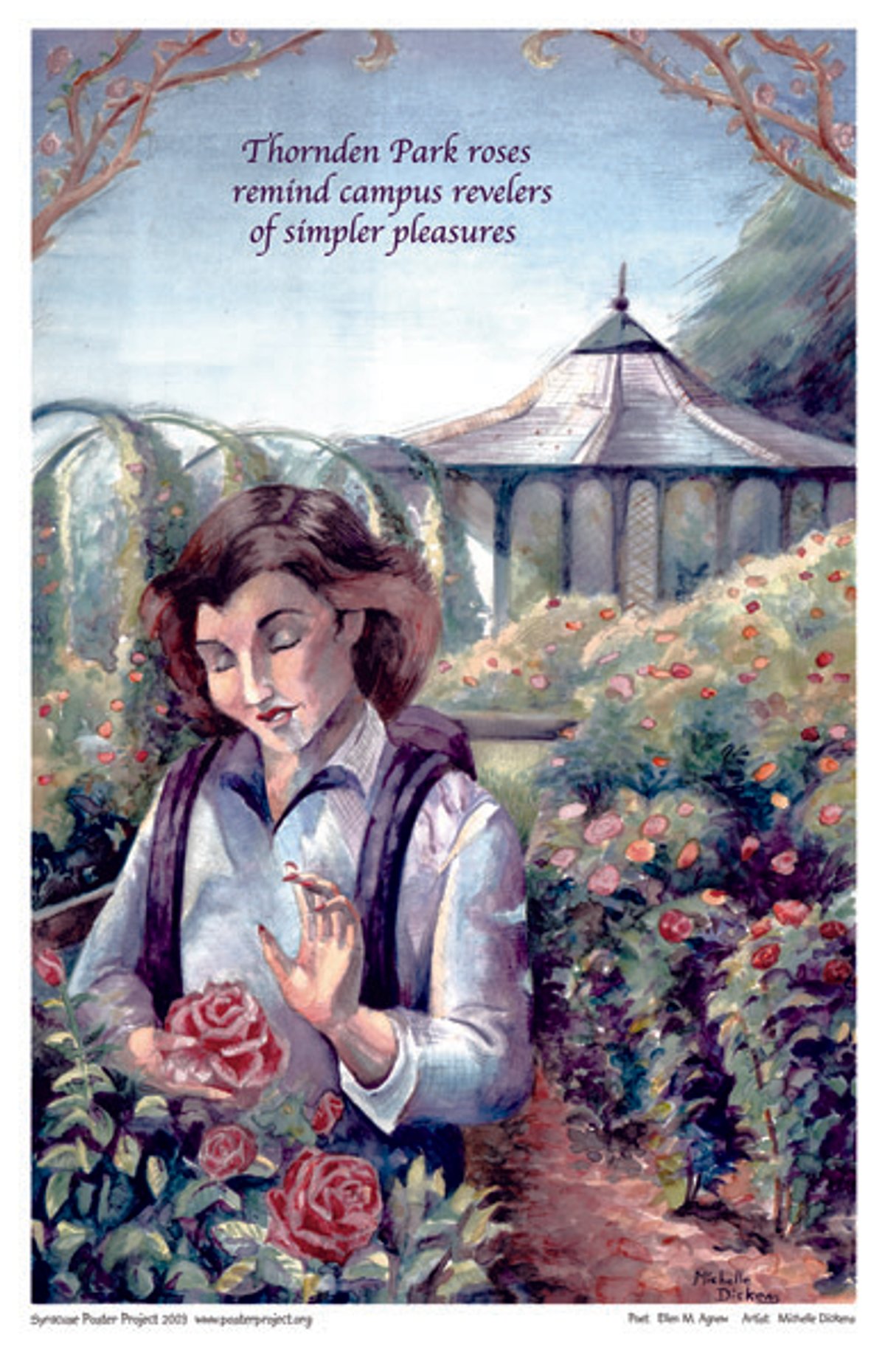 Thornden Park roses
remind campus revelers
of simpler pleasures A young woman with a backpack admires flowers in a rose garden