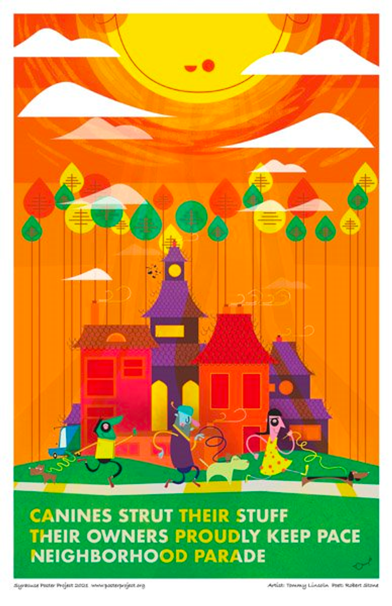 Dogwalkers walk down a sidewalk in front of colorful houses