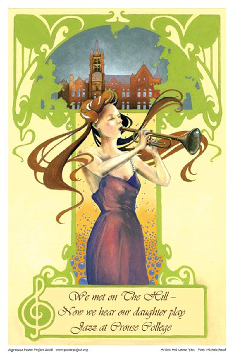 A woman plays trumpet beneath an image of a college building