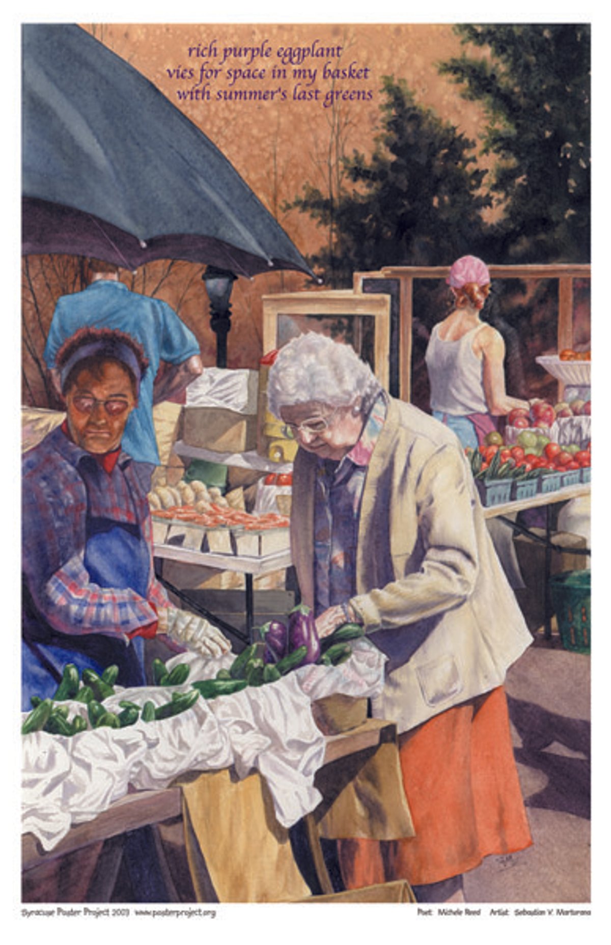 An elderly woman shops for eggplants at a farmers market