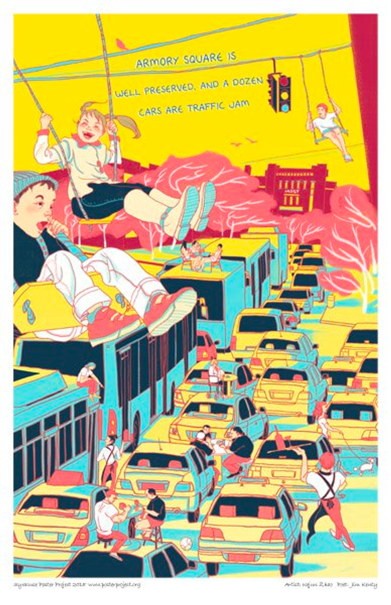A colorful traffic jam scene with people eating at tables atop car roofs and in the street, and children in swings hanging from traffic light wires