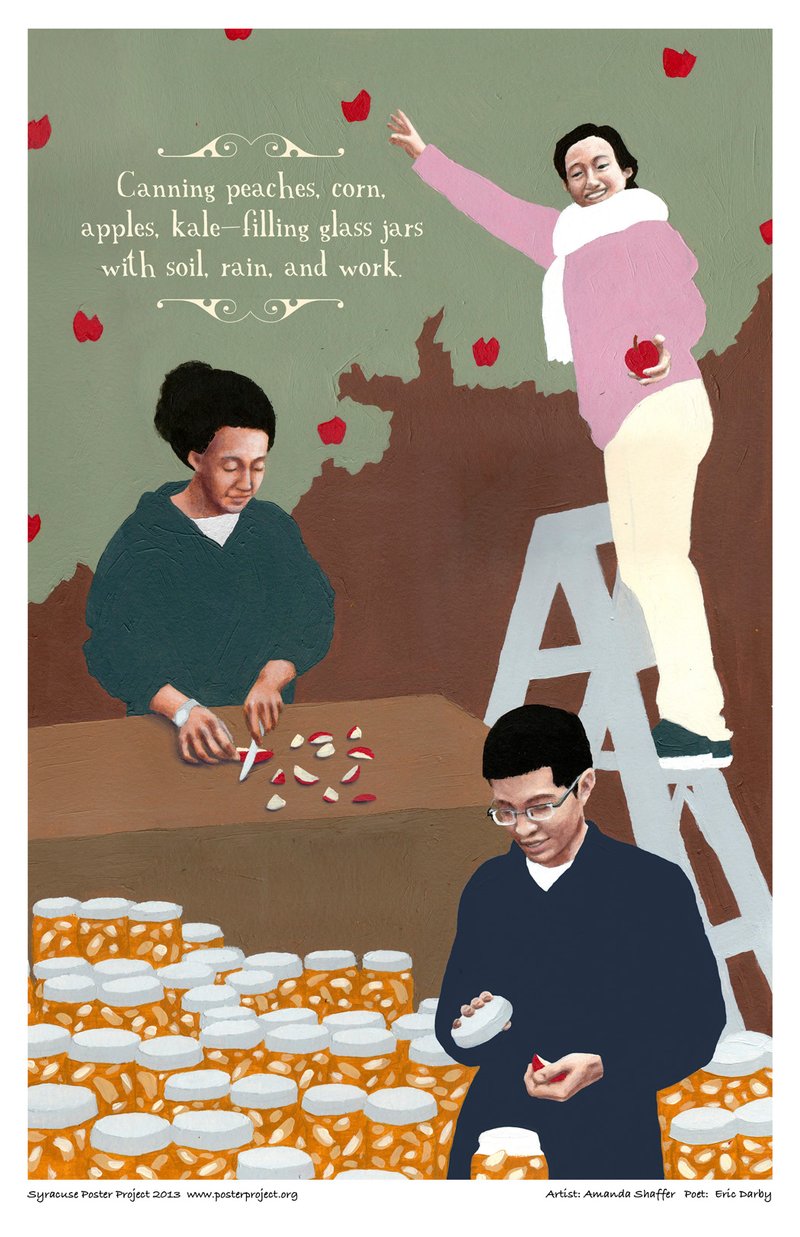 A woman picks apples from a tree, another cuts them into pieces, and a man cans them