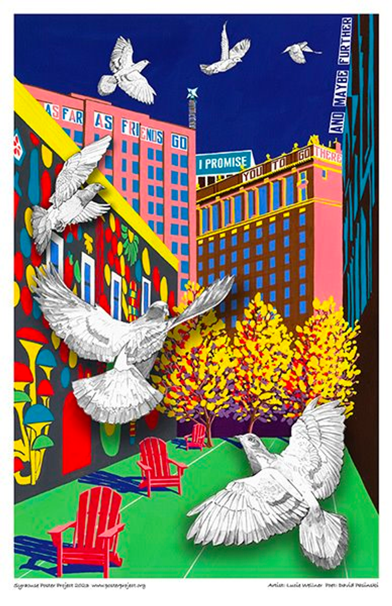 Pigeons flying over urban landscape and colorful buildings 