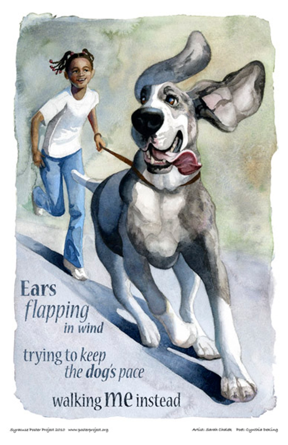 A dog on a leash pulls along a young boy 
