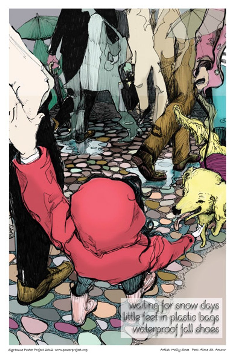 A small child in rain boots holds the hand of an adult as they walk along a crowded cobble-stoned street
