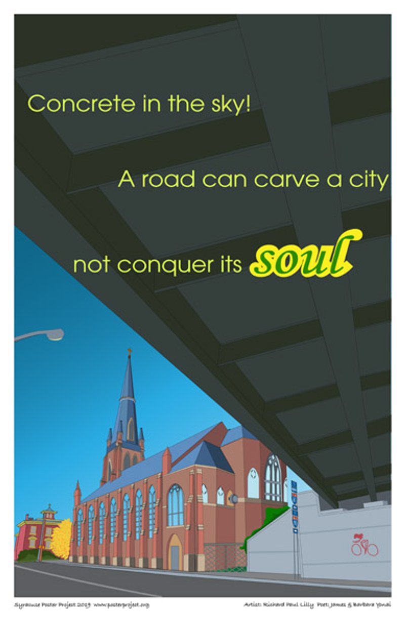 View from beneath a highway of a nearby church across the street