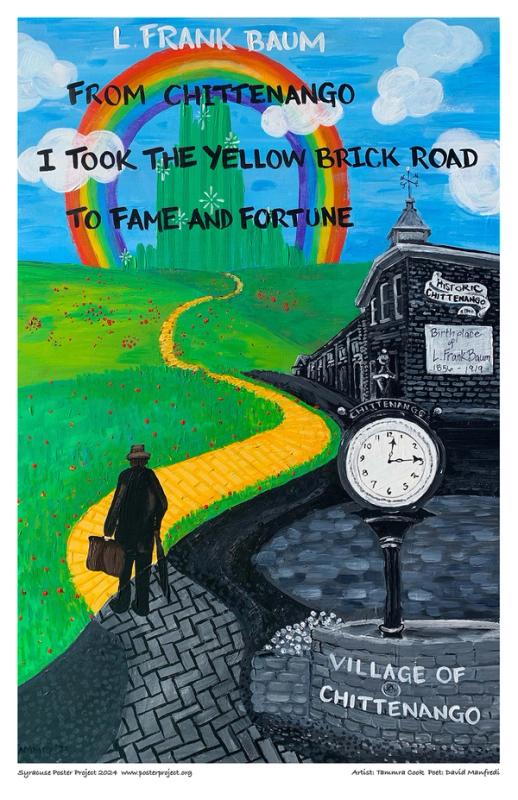 Man walking on yellow brick road toward rainbow and Oz