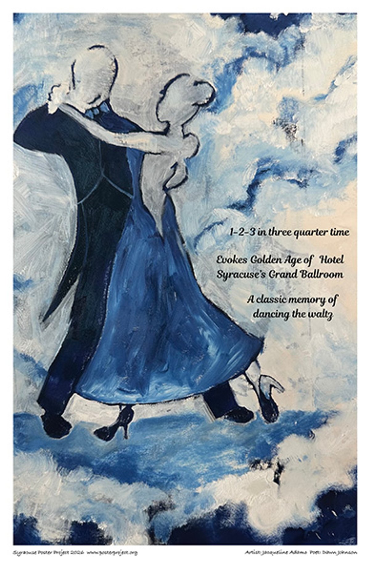 1-2-3 in three-quarter time
Evokes Golden Age of Hotel Syracuse's Grand Ballroom
A classic memory of dancing the waltz. Painting of a couple dancing the waltz amid clouds