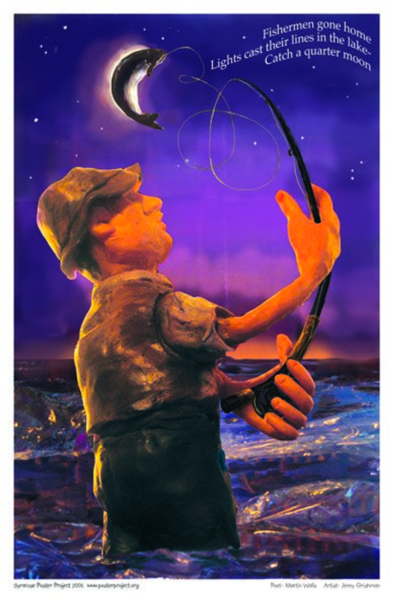 A fisherman in the water with a fish on the end of his line up in the air and bent in the shape of the crescent moon behind it in the sky