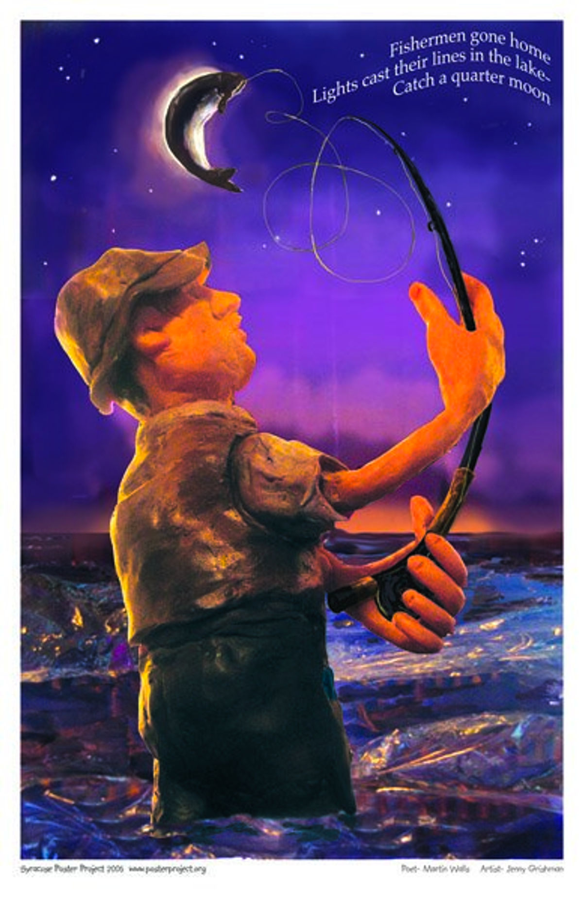 Fishermen gone home
Lights cast their lines in the lake—
Catch a quarter moon
 A fisherman in the water with a fish on the end of his line up in the air and bent in the shape of the crescent moon behind it in the sky