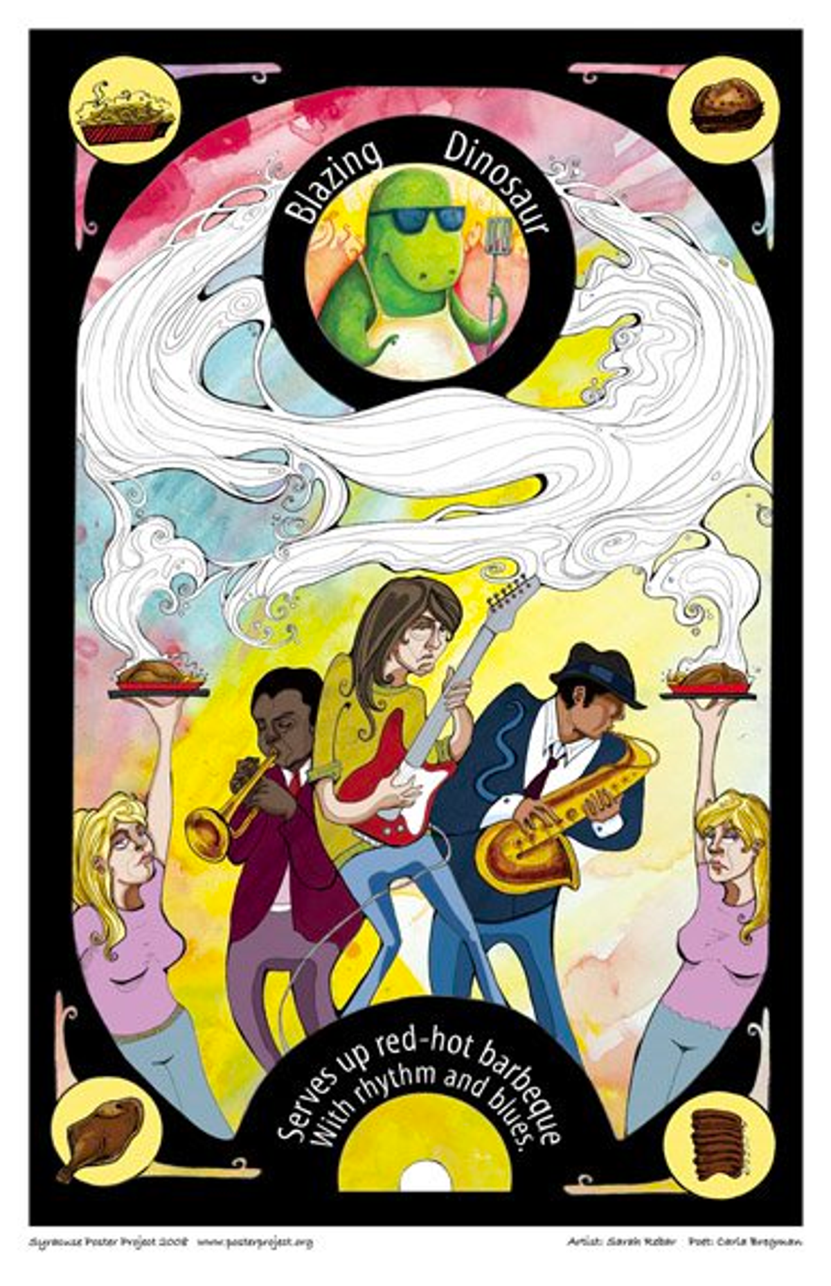 Blazing Dinosaur
Serves up red hot barbeque
With rhythm and blues. A trio of blues musicians performs under clouds of steam wafting from plates of barbecue food being carried by two nearby waitresses