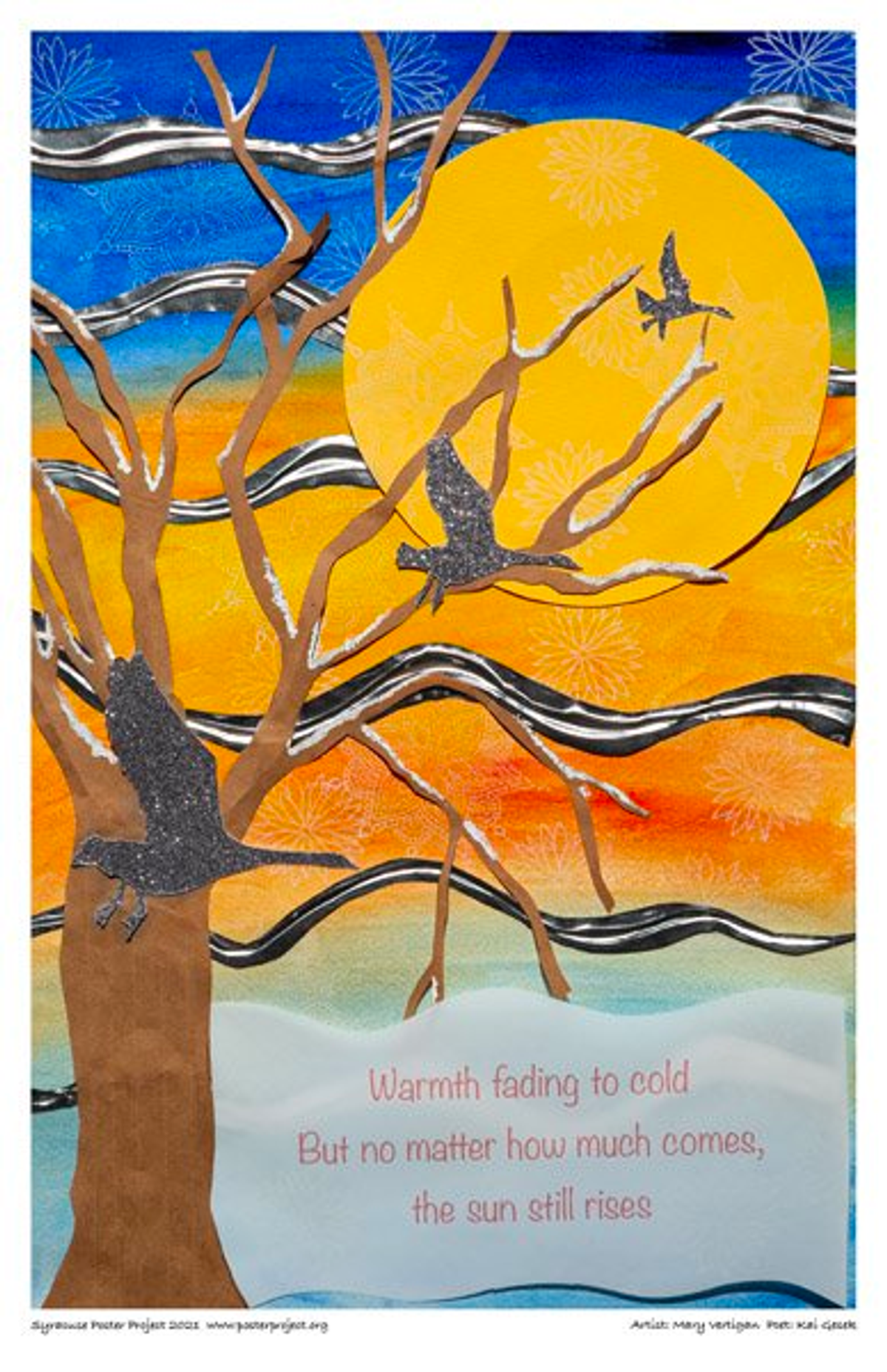 Warmth fading to cold
But no matter how much comes,
the sun still rises Silhouettes of geese flying by snow covered tree in front of a large setting sun