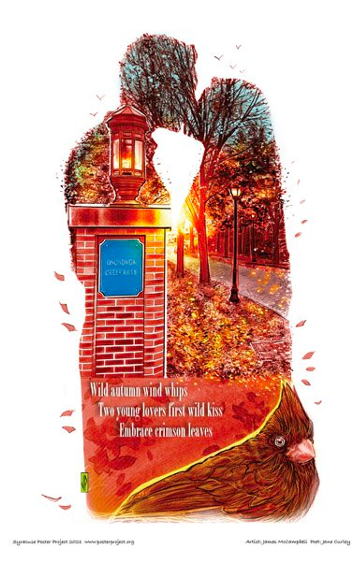 Wild autumn wind whips
Two young lovers first wild kiss
Embrace crimson leaves "Onondaga Creekwalk" sign in autumn at Franklin Square cropped into the shape of two people kissing