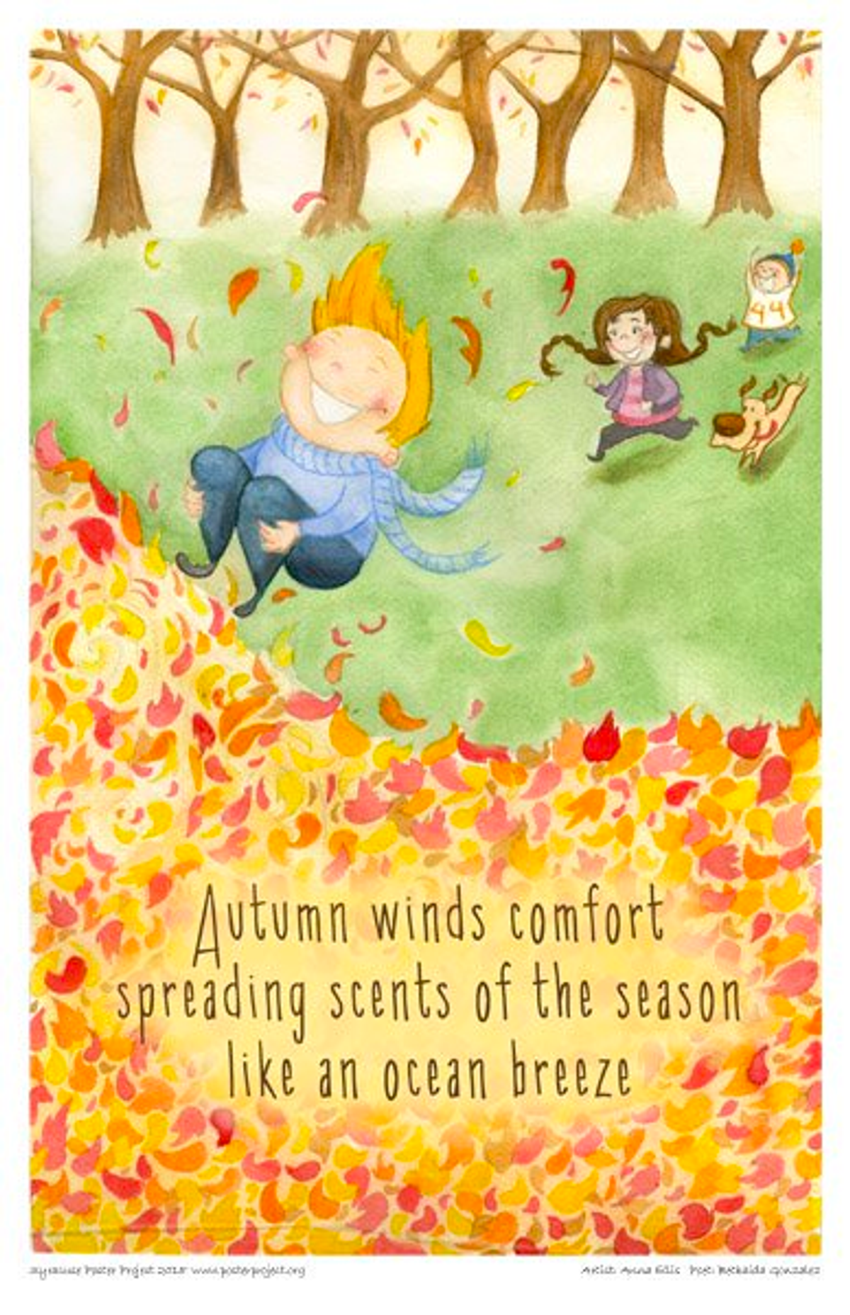 Autumn winds comfort
spreading scents of the season
like an ocean breeze Three children and a dog run towards a large pile of leaves