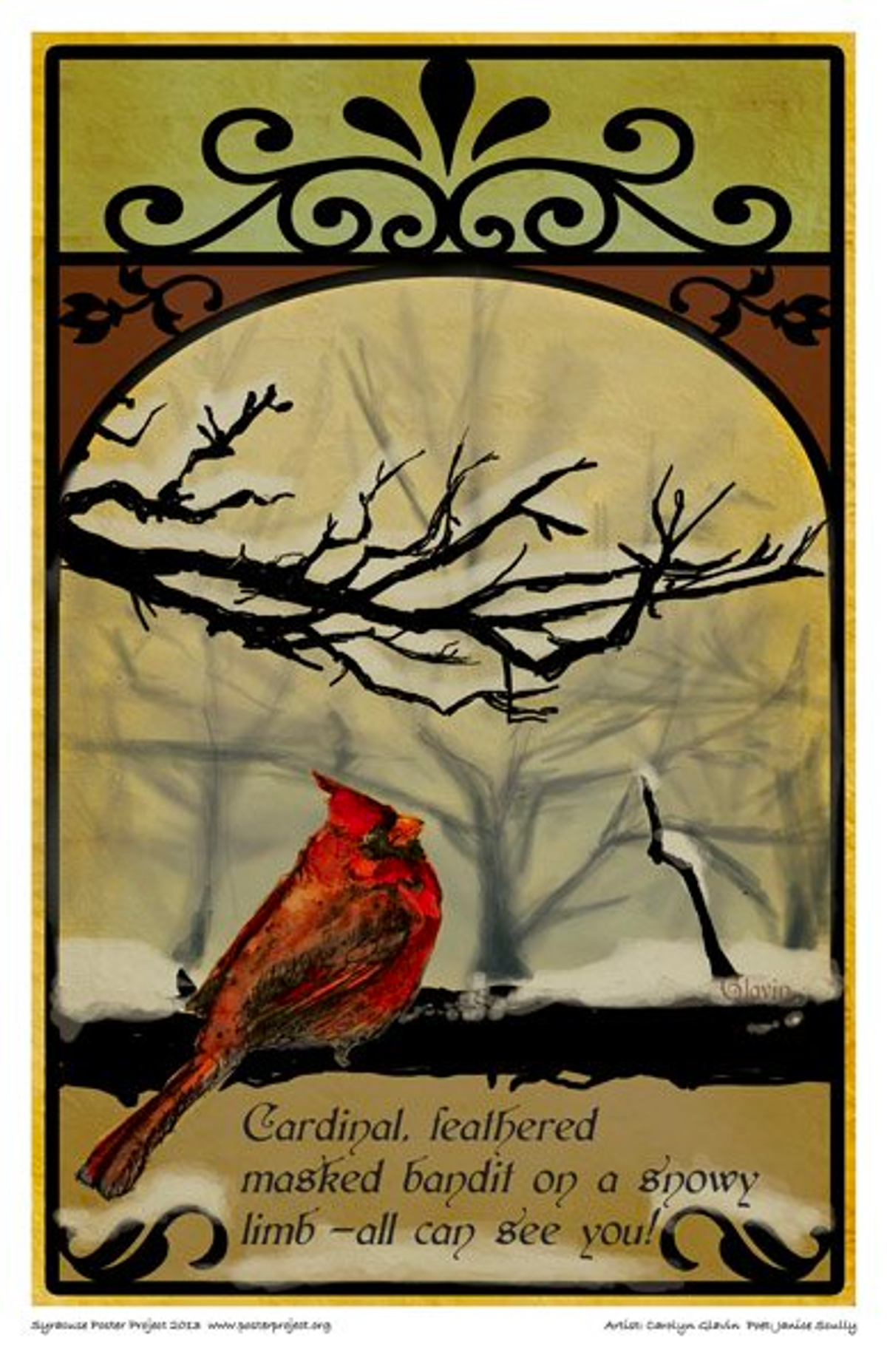 Cardinal, feathered
masked bandit on a snowy
limb — all can see you! A cardinal sits on a snow-covered tree branch